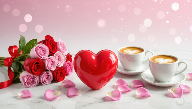 Romantic setting with bouquet of red and pink roses, heart-shaped decoration, and two cups of coffee with latte art on marble table. Love concept.