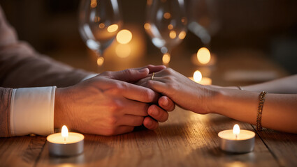 Close-up of couple holding hands at romantic dinner table with candles and wine glasses. Intimate moment of love, trust, and connection.