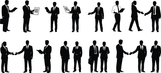 Black Business People Silhouettes Set, Men and Women Holding Documents, Handshaking, Standing, Corporate Vector Icons Collection