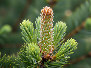 Green pine tree bud with water drops and soft focus background