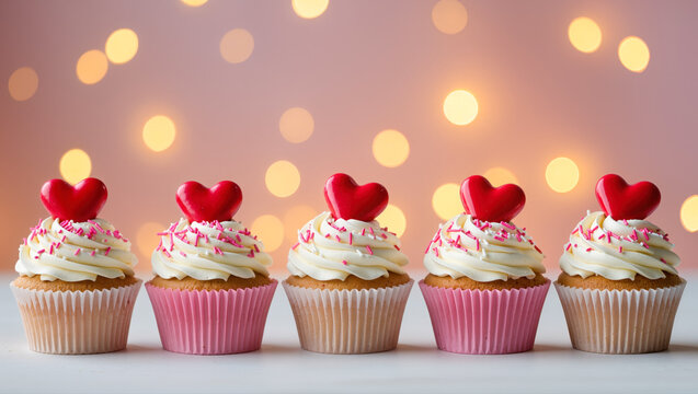 Valentine's Day cupcakes with cream frosting, red heart toppers and sprinkles in pastel wrappers. Sweet festive dessert with romantic lights. - Powered by Adobe