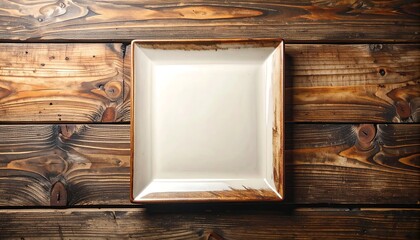 Square off-white plate with a brown rim on rustic wooden planks forming a textured backdrop