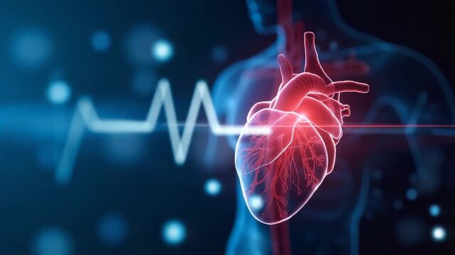 Digital Cardiovascular Health Monitoring: A glowing human heart and a medical electrocardiogram (ECG) line illustrate the concept of advanced health monitoring technology and heart vitality.