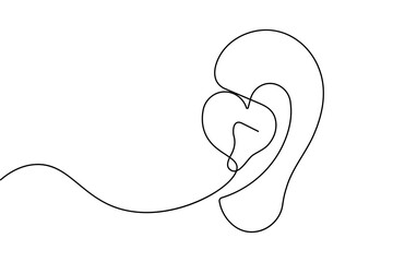Continuous line drawing of human ear with heart shape inside