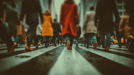 Glimpse of busy city life with pedestrians crossing a street during day