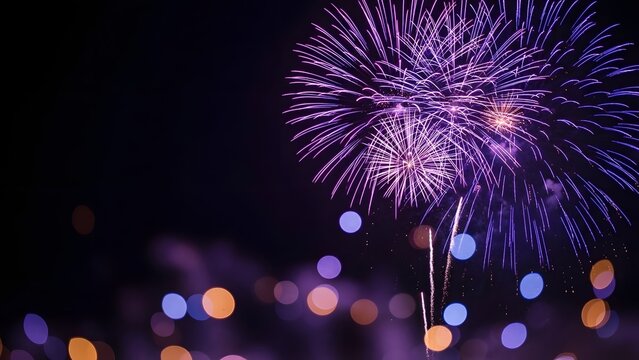 Vibrant purple fireworks exploding in a dark night sky over a blurred city