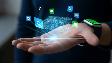 Hand pushing a digital icon on a mobile touchscreen display for future business communication on the internet network