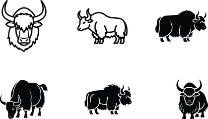 A comprehensive collection of diverse yak icons and silhouettes showcasing various majestic horned