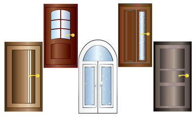 Set of multicolored doors with gold doorknobs on a white background