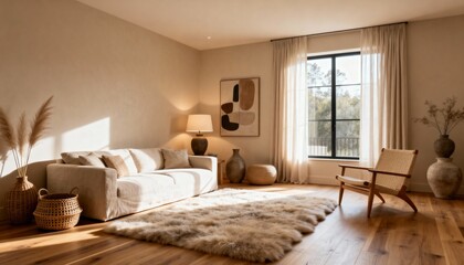 Fototapeta premium Luxury Scandinavian Cozy Living Room with Natural Wood Decor