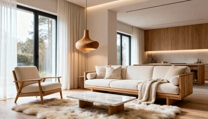 Fototapeta premium Luxury Scandinavian Cozy Living Room with Natural Wood Decor