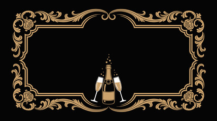 Ornate vintage gold frame with champagne illustration on black background