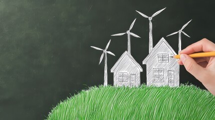 A hand sketches eco-friendly houses with wind turbines on a grassy hill against a dark background, symbolizing renewable energy and sustainable living.