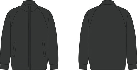 Black zip up jacket flat sketch, long sleeve apparel design, high collar fashion template, ribbed cuffs hem, clothing illustration garment drawing © MD SAKIL