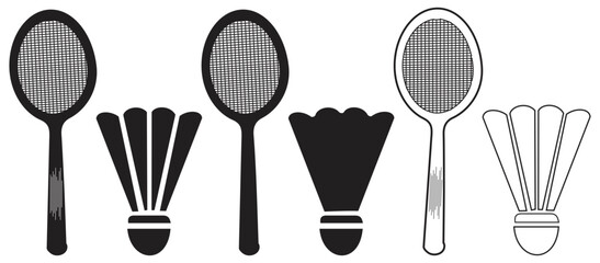 Badminton Racket and Shuttlecock Silhouette Icon Set.