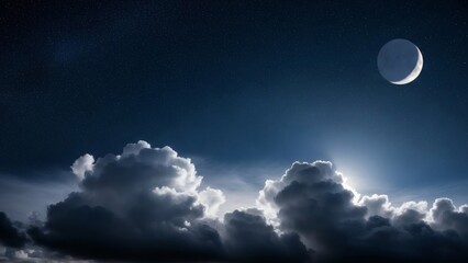 Breathtaking night sky featuring a bright crescent moon shining above dramatic cumulus clouds and a field of stars, creating a dreamy and peaceful atmosphere.