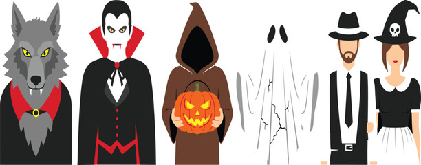 Spooky Halloween Character Collection: Detailed Illustrations of a Wolfman, Vampire, Grim Reaper, Ghost, and Dressed-up Couple Ready for Trick-or-Treating and Parties.