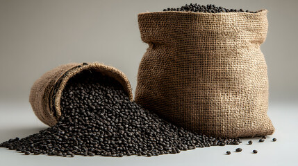 Burlap Bag Overflowing with Black Mustard Seeds Perfect for Culinary Uses, Spices, and Flavor Enhancement in Food Photography