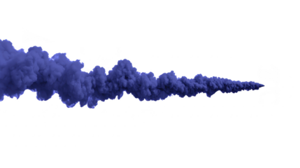 Blue smoke trail, dense and dramatic, swirls through air with sense of motion and energy, creating mysterious and dynamic visual effect on transparent background