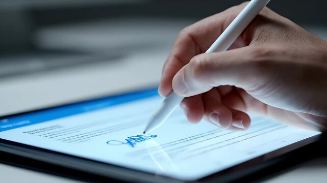 Close Up of Hand Signing Document on Digital Tablet with White Stylus on White Desk Under Bright Lighting Focus on Blue Signature and Data