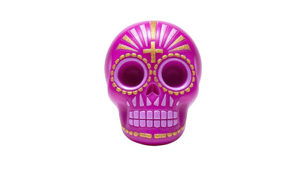 Fototapeta premium Purple sugar skull, decorated with gold patterns and cross, symbolizing Day of Dead celebration, isolated on transparency background, festive and vibrant cultural decoration