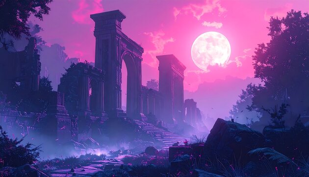 Ruins under a pink sky with a large moon, surrounded by trees and fog - Powered by Adobe