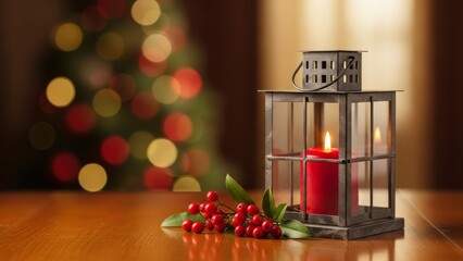 Cozy Christmas Lantern with Red Candle, Berries, and Bokeh Tree Lights