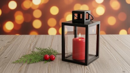 Christmas Lantern with Red Candle and Festive Bokeh Lights, Winter Holiday Decor
