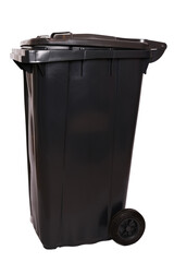 Black plastic outdoor garbage bin with wheels and a closed lid, standing on a white background. Ideal for themes of recycling, waste management, and environmental responsibility.