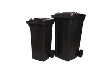 Black trash bin on wheels, isolated on a white background. Simple, clean depiction of a waste container for sanitation or recycling concepts.