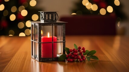 Christmas Lantern with Red Candle and Berries, Festive Bokeh Lights Background