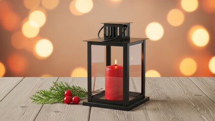 Christmas Lantern with Red Candle and Berries, Bokeh Lights Background