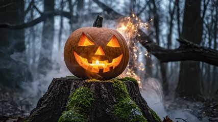 Glowing Jack-O'-Lantern Stands on Mossy Stump in Dark Forest - Powered by Adobe