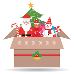 Illustration of Santa Claus and snowman with Christmas tree in a gift box on white background