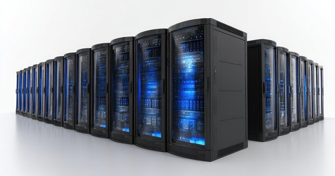 Server room with rows of tall, dark computer towers emitting blue light against a bright white background - Powered by Adobe