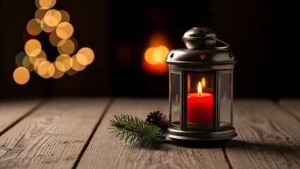 Christmas Lantern with Red Candle and Bokeh Lights, Cozy Winter Holiday Scene