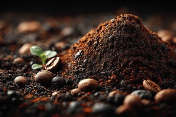 View of rich soil with coffee beans and a small seedling in chaos