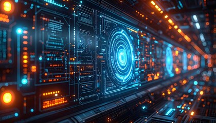 Obraz premium Sci-fi corridor with intricate panels and glowing lights creates a futuristic, technological atmosphere