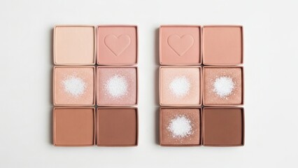 Fototapeta premium Grid of four makeup palette squares on a white background, showcasing the textures of heart-embossed blush and shimmering highlighter powders.