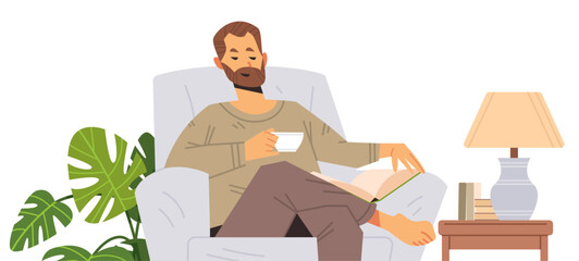 Portrait of man reading book in armchair isolated background. Concept of favorite activity or hobby vector illustration