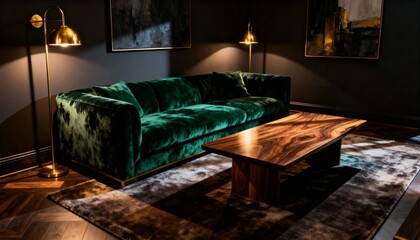 Luxury Dark Cozy Living Room with Velvet Sofa and Brass Lighting