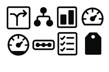 Brutalist Decision Icons. Decision analysis frameworks silhouette set: choice path tile, option node, comparison bar, evaluation arc, criteria gauge, weight strip, decision tracker