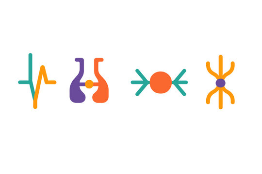 Analog Neural Icons. Analog Neural Architectures flat set: signal dendrite bar, analog synapse link, charge-drift node.