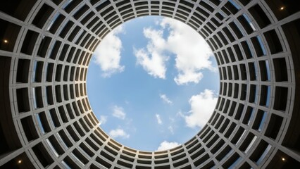 Low angle view looking up at a circular modern concrete building facade framing a blue sky with white clouds, highlighting geometric architecture and futuristic perspective.