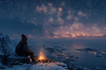 Young person enjoying a campfire under a starry night sky