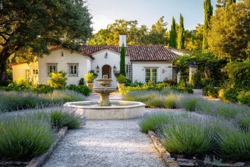 Relaxing garden setting with a fountain in front of a house surrounded by lavender plants and tall trees during the late afternoon light