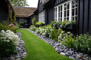 A charming black wooden structure nestled amid a picturesque garden path, adorned with vibrant flowers and decorative stones, all basking in the warm glow of a bright day