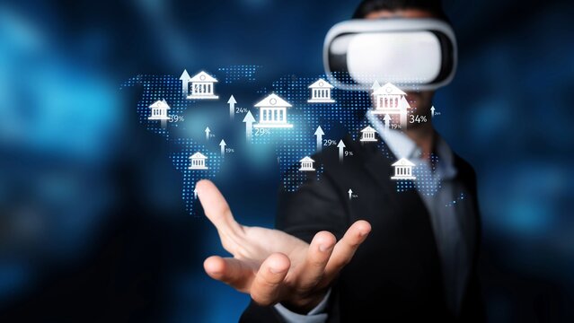 A businessman wearing a virtual reality headset explores global financial data visualizations, showcasing modern banking and investment opportunities in a digital landscape. Raster - Powered by Adobe