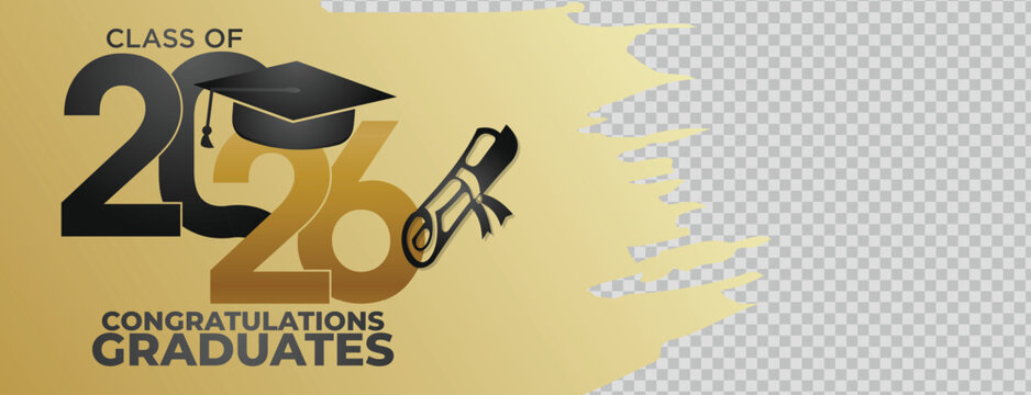 Gold and Gray Modern Class of 2026 Graduation Banner with Cap and Diploma Icons