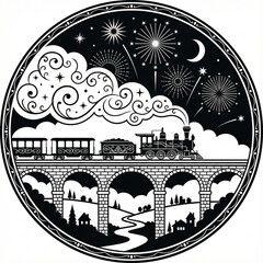 Vintage Train Crossing Bridge with Fireworks at Midnight